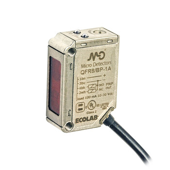 QFIH/00-1A M.D. Micro Detectors Фотоэлектрический датчик, миниатюрный, кубический, IP69K, металлический, AISI 316L, излучатель 15м, инфракрасный, кабель 2м